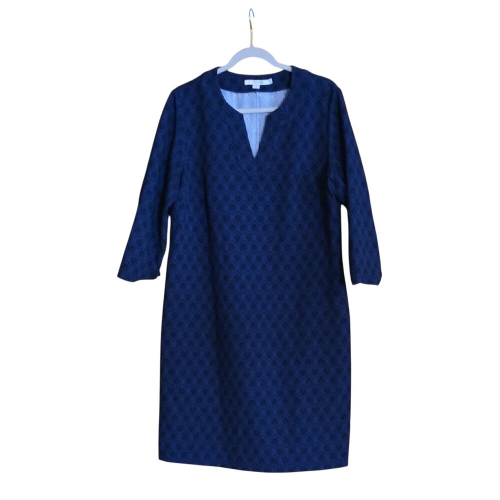 Boden Navy Geometric Shift Dress 12L Long Sleeve Stretch Knit Career Midi